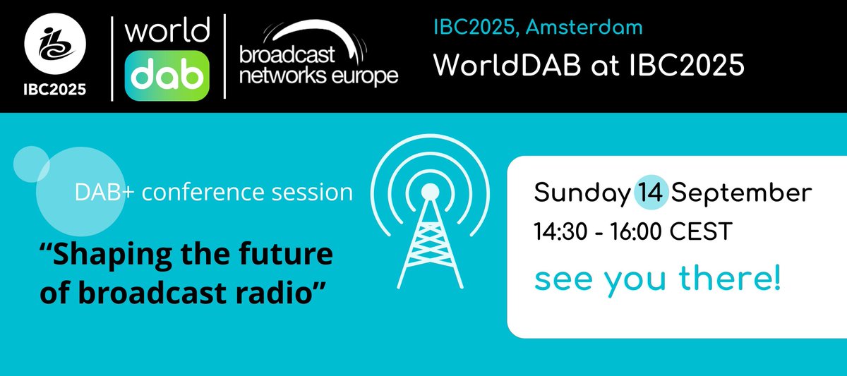 🚀 Join us at #IBC2025 for our Sunday #DABplus session! 
Hear from experts on how DAB+ is shaping the future of broadcast radio. 🎙️📡
Don’t miss it!
#DigitalRadio #FutureOfRadio