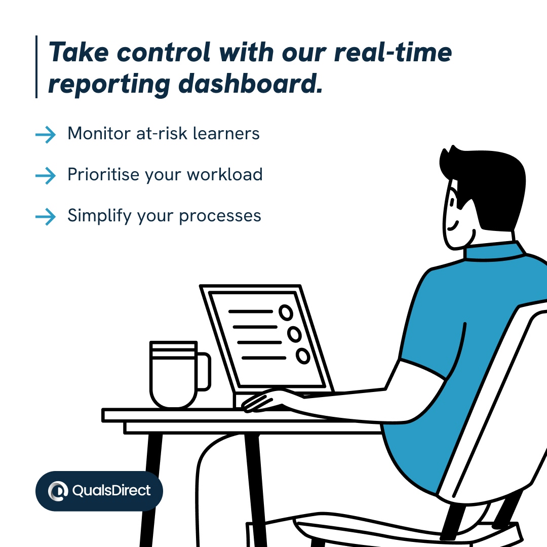 Take control with our real-time reporting dashboard.

→ Monitor at-risk learners
→ Prioritise your workload
→ Simplify your processes

Try it today: demo.quals-direct.co.uk

#ePortfolio #QualificationDelivery