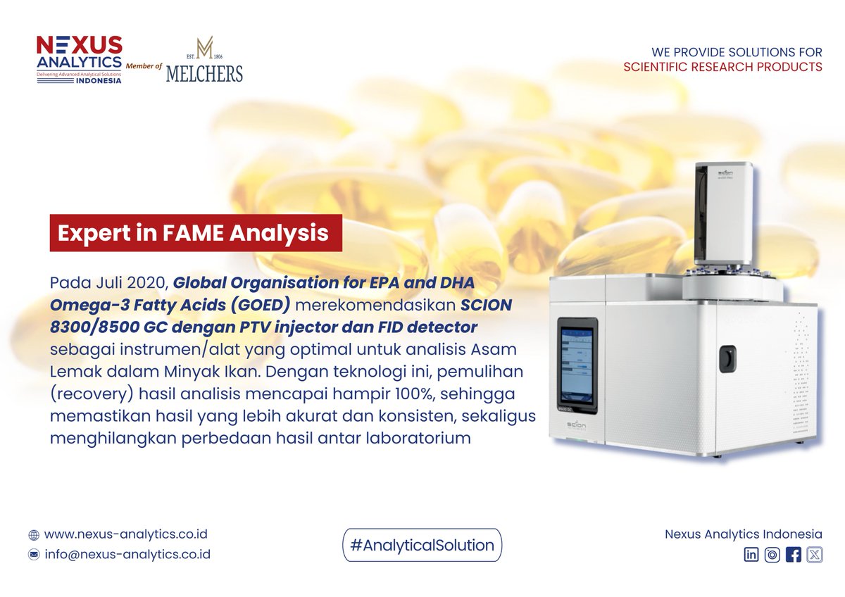 Nexus Analytics Indonesia (@nexusanalytic) on Twitter photo Bagaimana memastikan hasil analisis asam lemak yang presisi dan konsisten?
Jawabannya: Scion 8300/8500 GC
Instrumen ini telah direkomendasikan oleh ๐๐๐๐ (Global Organisation for EPA and DHA Omega-3) sebagai ๐ฌ๐ญ๐๐ง๐๐๐ซ ๐ ๐ฅ๐จ๐๐๐ฅ ๐๐๐ฅ๐๐ฆ ๐
๐๐๐ ๐๐ง๐๐ฅ๐ฒ๐ฌ๐ข๐ฌ. Bagaimana memastikan hasil analisis asam lemak yang presisi dan konsisten?
Jawabannya: Scion 8300/8500 GC
Instrumen ini telah direkomendasikan oleh ๐๐๐๐ (Global Organisation for EPA and DHA Omega-3) sebagai ๐ฌ๐ญ๐๐ง๐๐๐ซ ๐ ๐ฅ๐จ๐๐๐ฅ ๐๐๐ฅ๐๐ฆ ๐
๐๐๐ ๐๐ง๐๐ฅ๐ฒ๐ฌ๐ข๐ฌ.
