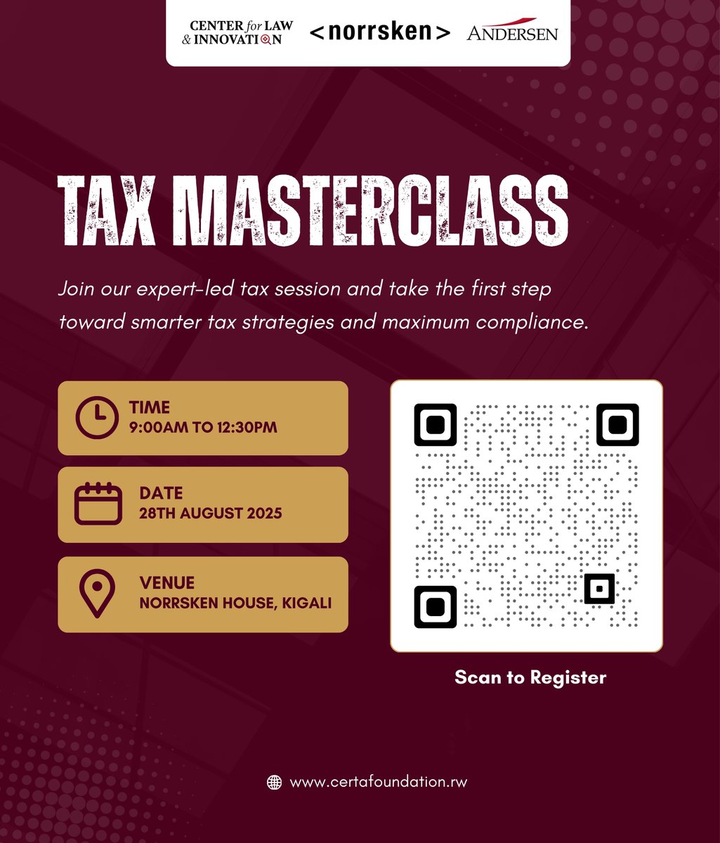 law_innovation_'s tweet photo. ๐จ Only 1 day left!
Join us tomorrow at @norrskenEA, Kigali for the Tax Masterclass with Andersen Rwanda. Excited to have Zata onboard offering 3 FREE annual licenses! Donโt miss out on clarity + tools for tax compliance.
๐Register now: https://t.co/jViAo0qdle
#TaxMasterclass https://t.co/A95pmaAi6V
