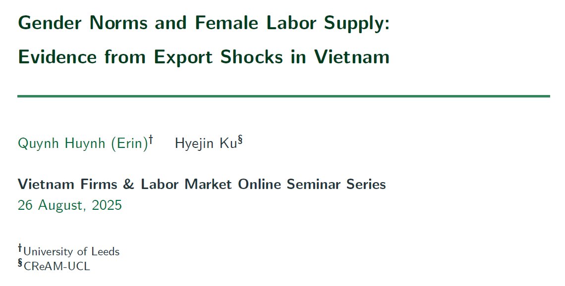 Brian McCaig (@brianmccaig) on Twitter photo Thank you to everyone who joined yesterday's talk by <a href="/erin_qh/">Erin Huynh</a> on female labour supply responses to export shocks in Vietnam.
Find slides here: sites.google.com/site/briandmcc…
Sign up for the seminars email list here: wlu.ca1.qualtrics.com/jfe/form/SV_cG… Thank you to everyone who joined yesterday's talk by <a href="/erin_qh/">Erin Huynh</a> on female labour supply responses to export shocks in Vietnam.
Find slides here: sites.google.com/site/briandmcc…
Sign up for the seminars email list here: wlu.ca1.qualtrics.com/jfe/form/SV_cG…