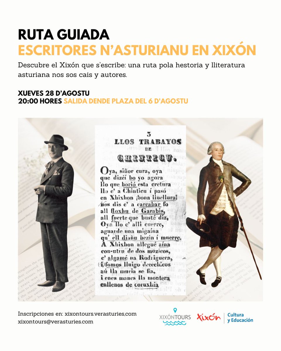 Autores que fixeron hestoria en Xixón... ¡Escribiendo n'asturianu! Entá tienes una oportunidá de facer el tour más lliterariu de la ciudá:
📆 Mañana
⏰ 20:00
📍 Salida dende Correos (Plaza del 6 d'agostu)
👉 Apúntati nesti enllaz: forms.gle/AVeMrPgNyi8Wsy…