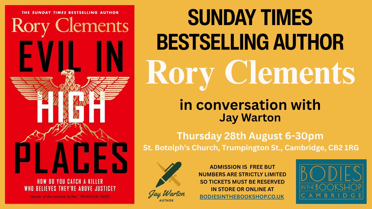 You need to get a wriggle on, but there are still a few tickets left for the Rory Clements launch tomorrow
They're free, but must be reserved in advance from info@bodiesinthebookshop.co.uk 
I'll be throwing the questions. Worth that price just to see me trying to be interesting😉