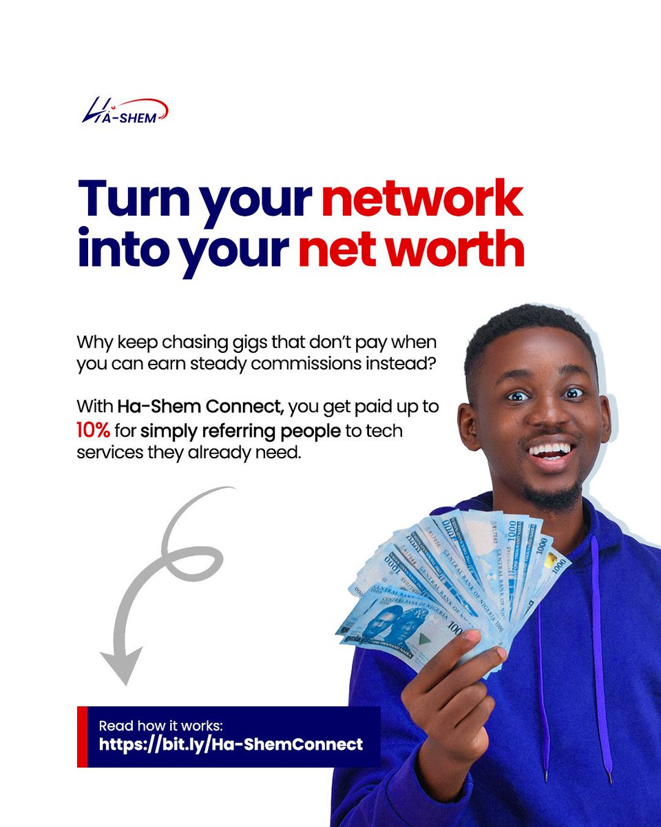 HaShemLimited's tweet photo. Turn your network into your net worth.

With Ha-Shem Connect, you earn up to 10% commissions for referring people to tech services they already need.

Stop chasing gigs that don’t pay. Start earning steadily.

Read how it works: https://t.co/5YQMQrfn3C https://t.co/2yvHMrZajY