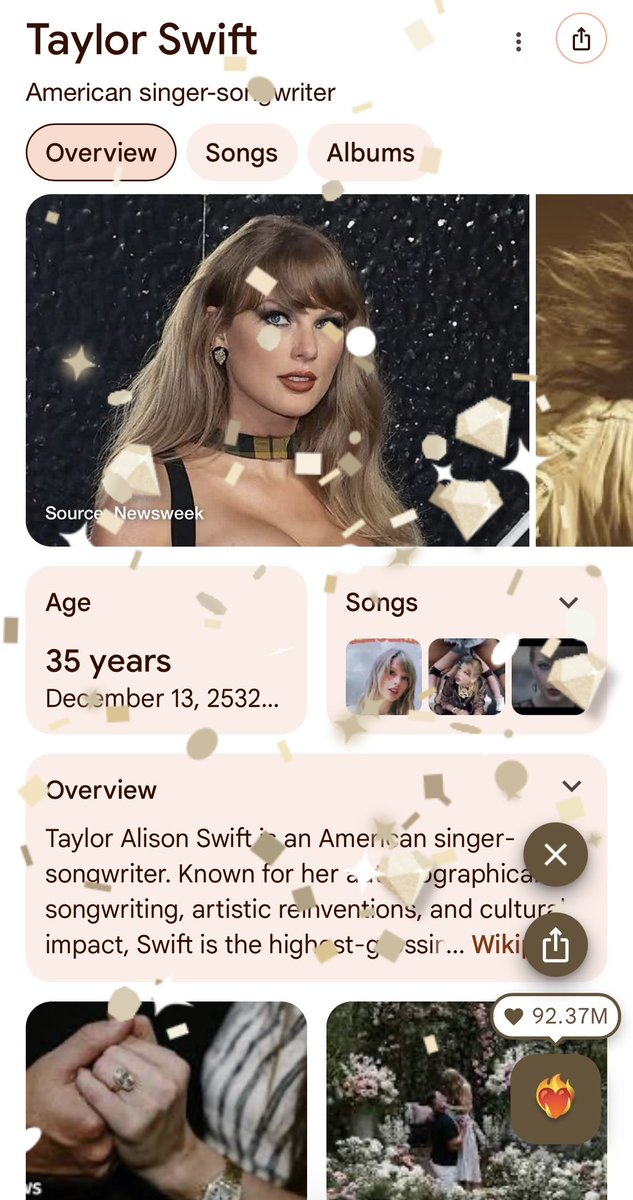 belloworldD's tweet photo. 💎💍 ตอนนี้ถ้าเสริชคำว่า Taylor Swift ใน Google จะมีเพชรและคอนเฟตตี้ร่วงลงมา https://t.co/1saC2nMEI3