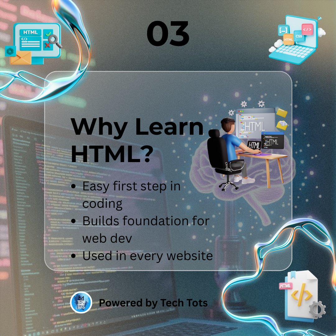 TechTotsGen's tweet image. Every website starts with HTML  the skeleton of the web. 💻  
Master the basics, and you’re already building the future! 🚀  
#TechTots #HTML #WebDev #CodingForBeginners