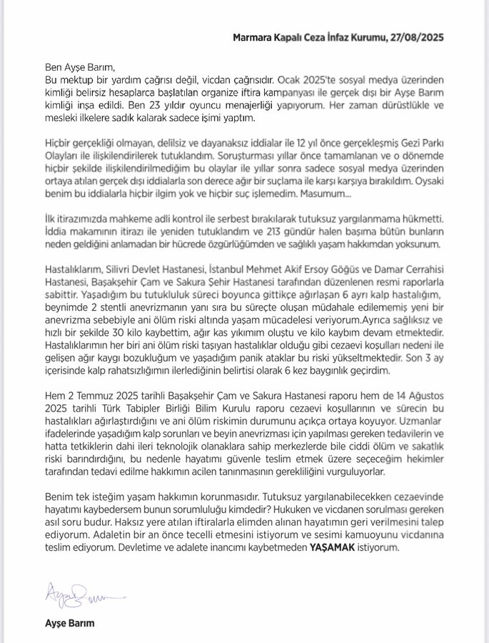 Ayşe Barım'dan açık mektup; "Tutuksuz yargılanabilecekken cezaevinde hayatımı kaybedersem bunun sorumluluğu kimdedir?"