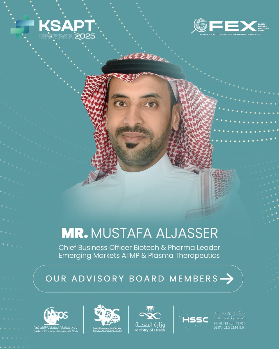 Meet Dr. Mustafa Aljasser, #KSAPT2025 Advisory Board Member! His extensive leadership in pharmaceutical development and regulatory affairs, is shaping a safer, innovative healthcare future.

Join us in Riyadh to explore his groundbreaking vision!
<a href="/AljasserMustafa/">مصطفى الجاسر</a> 
#KSAPTteam