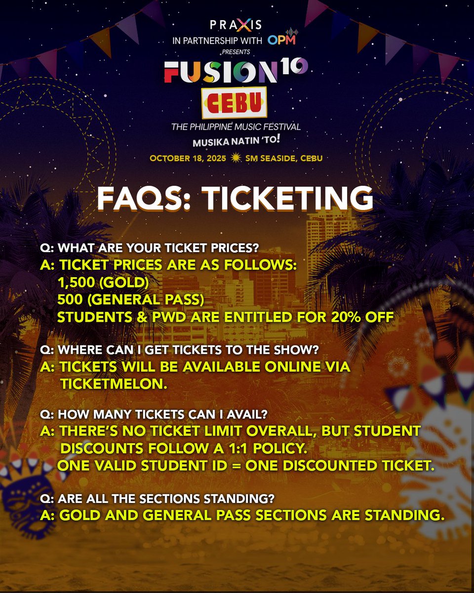 Bestie, ayaw kabalaka 🙌✨

Gi-andam na namo ang Ticket FAQs para smooth ra imong journey sa pagkuha og tickets sa #FusionCebu2025. 🎟️💯

Get your tickets here: ticketmelon.com/praxis/fusionC…

#MusikaNatinTo