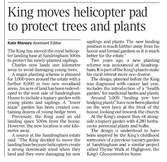 KateMansey's tweet image. New: The King has moved the royal helicopter landing pad at Sandringham to protect his new tree saplings.
HM is overseeing a major planting scheme at his Norfolk estate... 🌳