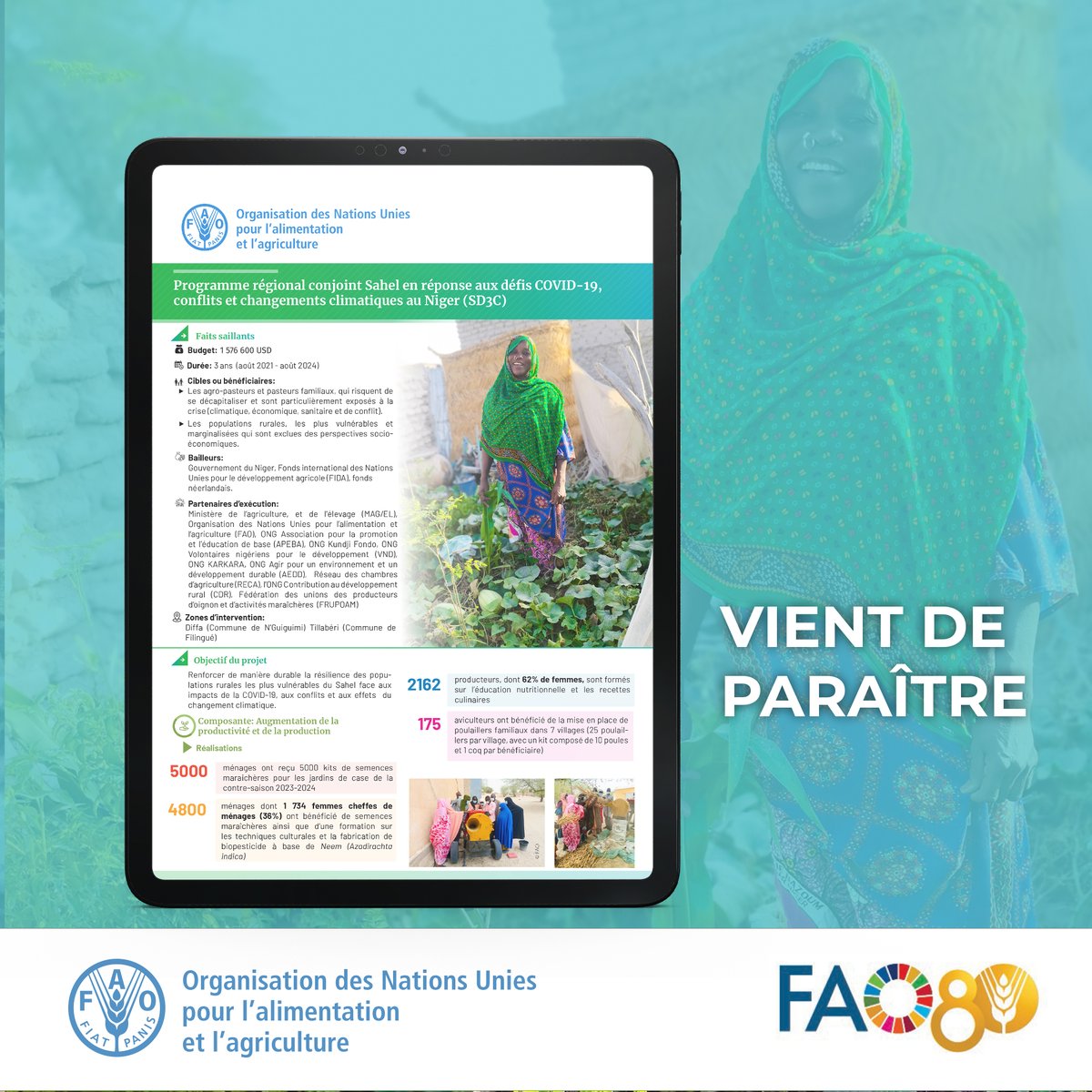 FAOWestAfrica's tweet image. 🌍 Au #Niger, grâce au projet #SD3C, 
la @FAO a renforcé la résilience :
🌱4 800 ménages ont été soutenus
🍲2 162 producteurs, dont 6⃣2⃣ % de femmes, ont été formés
🐓175 aviculteurs ont été appuyés
✍🏼 Etc.
👉 openknowledge.fao.org/handle/20.500.…