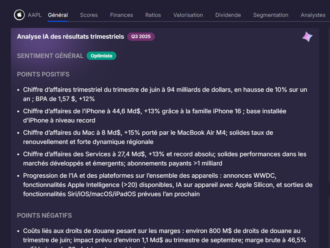 DROP : Analyse IA des résultats trimestriels✨

L'IA débarque sur Invvest ! Chaque trimestre, on analyse les rapports financiers de plus de 1 000 entreprises pour sortir :

- points positifs
- points négatifs
- implications &amp; tendances
- sentiment général