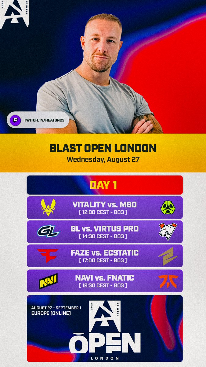 BLAST Open London starts today and we're about to see some interesting matchups! See you on stream shortly 🤠 

📺: Twitch.tv/HeatoNCS

#BLASTOpen