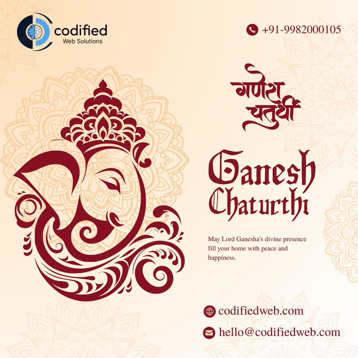 CodifiedWeb's tweet image. May this Ganesh Chaturthi bring peace, prosperity, and endless happiness to you and your loved ones.
The team at Codified Web Solutions wishes you a blessed and joyful festival!