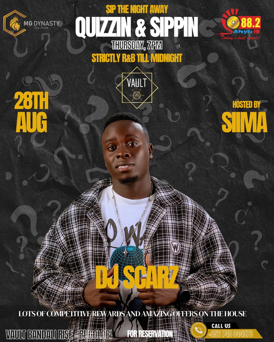 MG Dynasty (@mgdynasty256) on Twitter photo We are back tomorrow at <a href="/VaultUg/">VAULT UG</a>
Colleagues... the offers and discounts from 7pm till Midnight are crazyy
As we Quiz from 8pm with your host Siima <a href="/kanyindo/">Siima Kyakuhaire</a> & powered by <a href="/882SanyuFM/">88.2 Sanyu FM</a>
Strictly RnB music by <a href="/DeejayScarz/">Scarz_Dj</a> & mega rewards at the end of the night
#QuizzinAndSippin We are back tomorrow at <a href="/VaultUg/">VAULT UG</a>
Colleagues... the offers and discounts from 7pm till Midnight are crazyy
As we Quiz from 8pm with your host Siima <a href="/kanyindo/">Siima Kyakuhaire</a> & powered by <a href="/882SanyuFM/">88.2 Sanyu FM</a>
Strictly RnB music by <a href="/DeejayScarz/">Scarz_Dj</a> & mega rewards at the end of the night
#QuizzinAndSippin