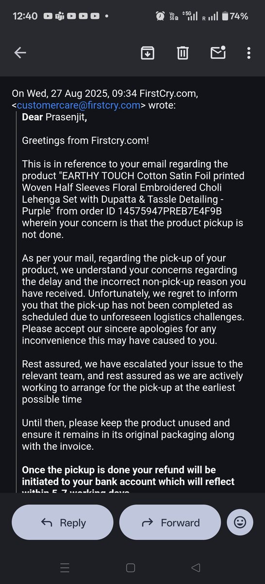 PrasenjitChi's tweet photo. @firstcryindia @XpressBees_IN @FirstCryIndia @Xpressbees_IN  @jagograhakjago
Return approved 9th Aug. Escalation 15th Aug, since then, I've been receiving daily false pickup/unpickup messages.
Smart move today - making email  generic. No dates.
#StopHarassment
#ConsumerRights #PickupScam #CustomerServiceFail https://t.co/xsrXWsyYZp