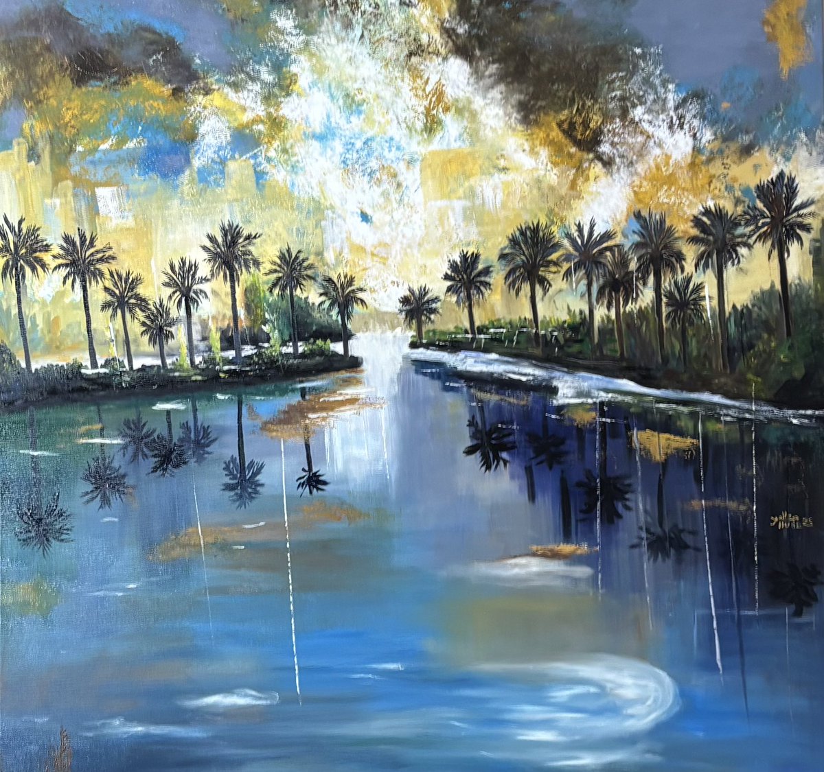 لوحة مستلهمة من (وادي فاطمة ) زيت مترxمتر في جبال الدرع شمال مكة المكرمة سمي باسم فاطمة نسبة إلى خمس نساء سكنوا هذا الوادي اشهرهم طبيبة ماهرة أسمها فاطمة الخزاعية وأخري فاطمة بنت الشريف امراءة ذات فضل وجود