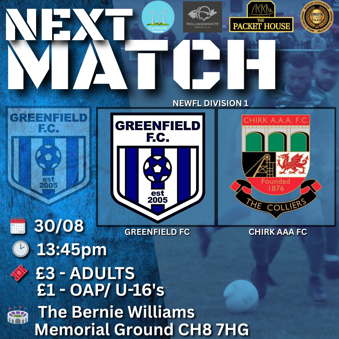 <a href="/Greenfieldfc/">Greenfield FC</a> are back in league action this weekend,  We host Chirk AAA at The Bernie Williams Memorial Ground,
 
Come down and support your local team
 🎟 £3 - ADULTS 
       £1 -  O.A.P/ U-16's