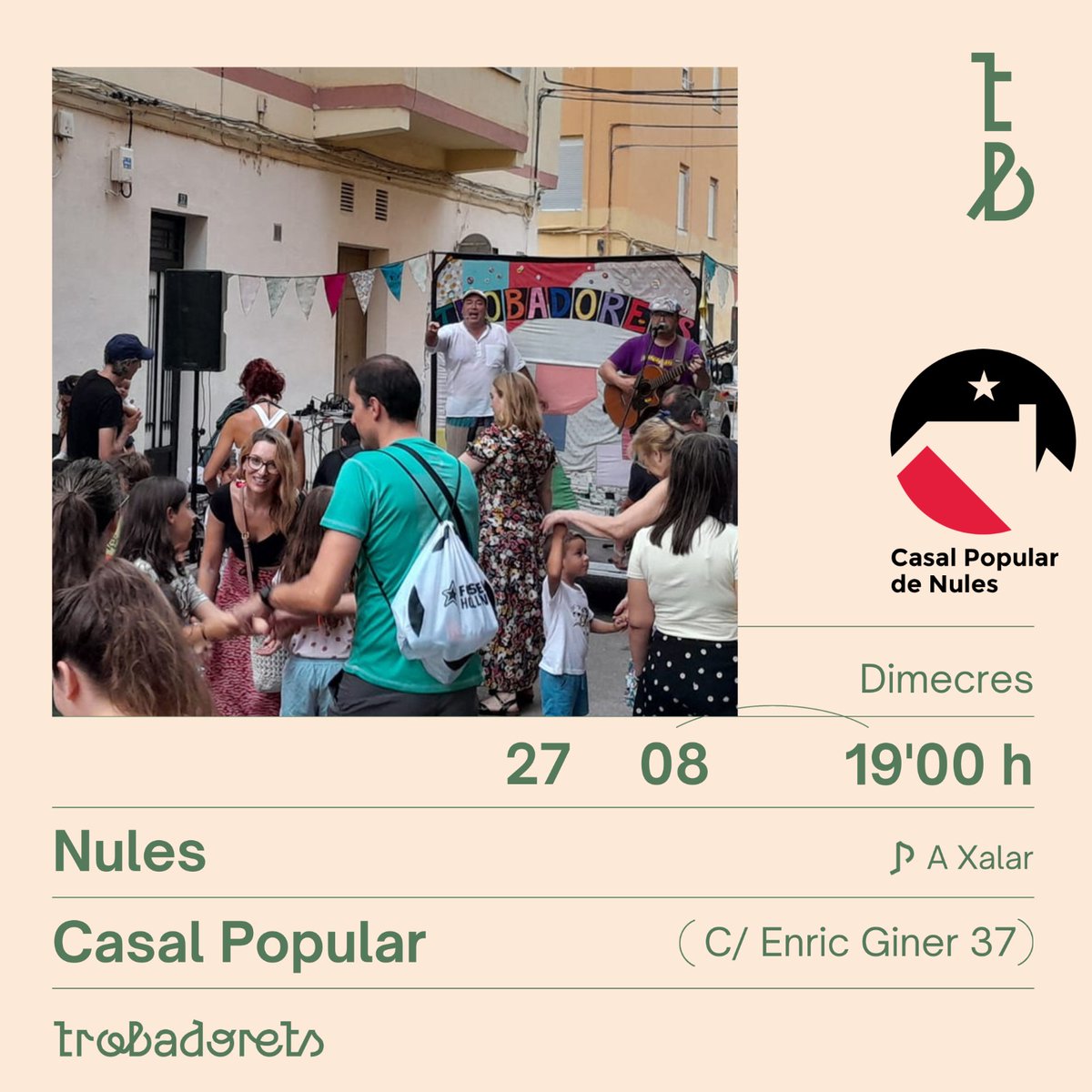 🎉 Hui és el dia dels més menuts al Casal amb l'actuació de <a href="/TROBADORETS/">Trobadorets</a>!

🧊 També tindrem llimonada i llet merengada casolanes per a refrescar.

Vos esperem a les 19 h.
I A XALAR!!