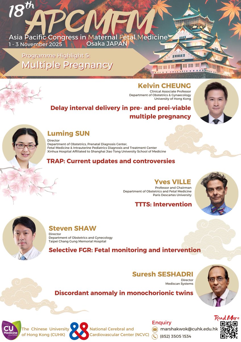 🎉Join us at APCMFM 2025 in Osaka!  
🗓️Main Congress: 1-2 Nov 2025
🗓️Post-Congress Workshop: 3 Nov 2025
🚨Abstracts open till Aug 31! 
📥Submit: cloud.itsc.cuhk.edu.hk/webform/view.p…
🔗Info: obg.cuhk.edu.hk/apcmfm/apcmfm-…
#APCMFM #FetalEchocardiography #PrenatalCare #MaternalHealth #cuhk #cuhkmed🧬