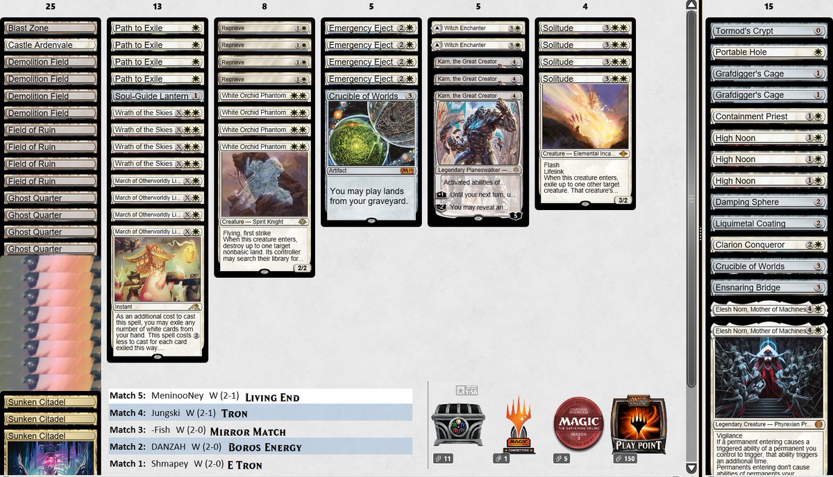 Modern🏆with Mono-White Land Destruction! Absolutely insane matches the entire time. League took 3.5 hours. I DON'T RECOMMEND THIS DECK. IT IS SO BORING AND GRINDY.

Screenshots of how boring it is below 🔽🔽