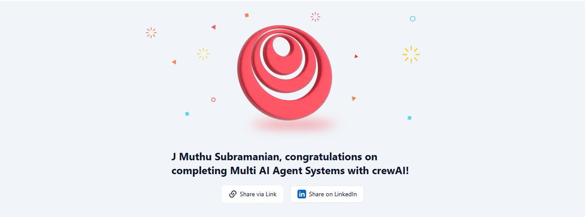jmsubramanian's tweet image. Thrilled to complete Multi AI Agent Systems with CrewAI by @DeepLearningAI ! 🤖✨

Thanks @joaomdmoura  &amp;amp; @crewAIInc for building an incredible learning journey. 🚀

If you want to master AI agents, this course is a must!
#AI #CrewAI #GenerativeAI #DeepLearningAI