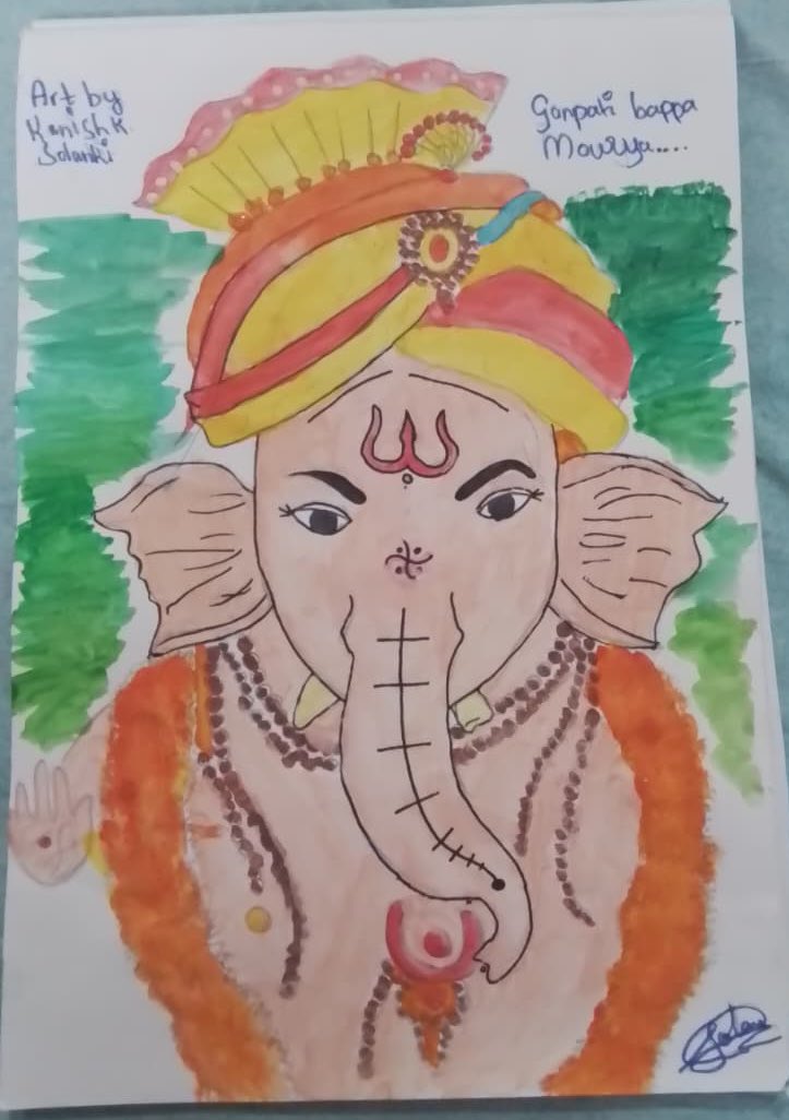 “Ganpati Bappa Morya 🙏✨
#HappyGaneshChaturthi2025 
This divine artwork was drawn by my lovely nephew Zuzu. Truly proud of his creativity and devotion ❤️🎨”