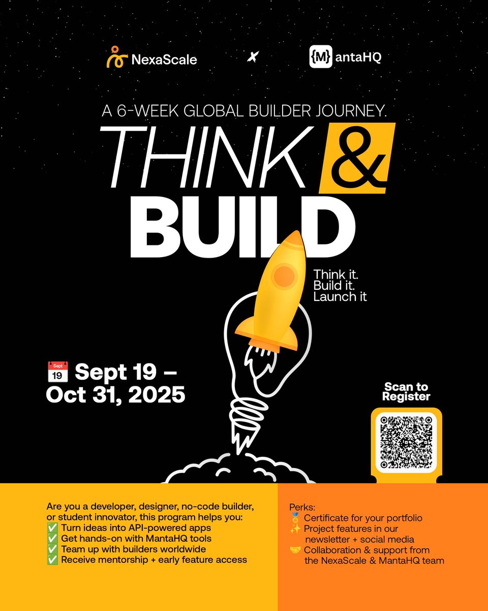 🚀 Applications are open!

Join the <a href="/MantaHQTech/">MantaHQ</a> x NexaScale Think &amp; Build Program — a 6-week virtual program 
📅Sept 19–Oct 31, 2025
for developers, designers &amp; innovators

Perks: mentorship, collabs, certificates &amp; spotlights!
Apply 👉 tinyurl.com/thinkbuild-2025