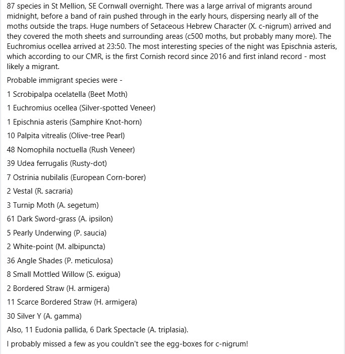 87 species in St Mellion on 25/8 There was a large arrival of migrants around midnight: Euchromius ocellea &amp; Epischnia asteris the best, the later being the 1st Cornish record since 2016 &amp; first inland record. The American Painted Lady confirmed as 5th Cornish mainland record.