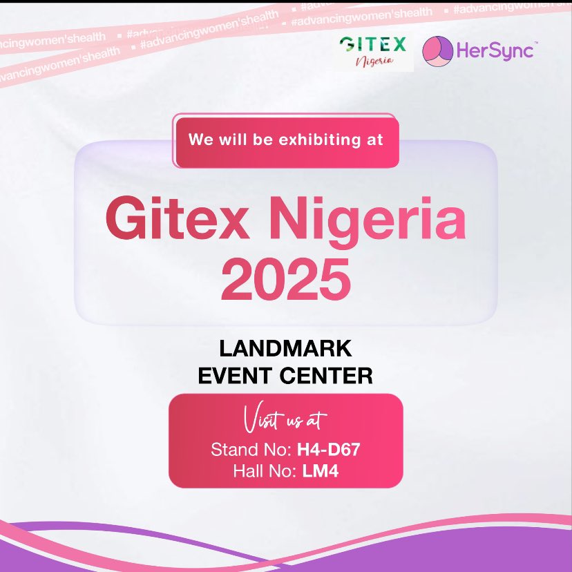 hersync_ai's tweet photo. We’re proud to announce that HerSync will be showcasing our innovations at one of the biggest technology gatherings in Africa — GITEX Nigeria 2025, happening September 3–4!

📍 Landmark Event Center
Stand: H4-D67  |  Hall: LM4 https://t.co/G7Xkae0vJK