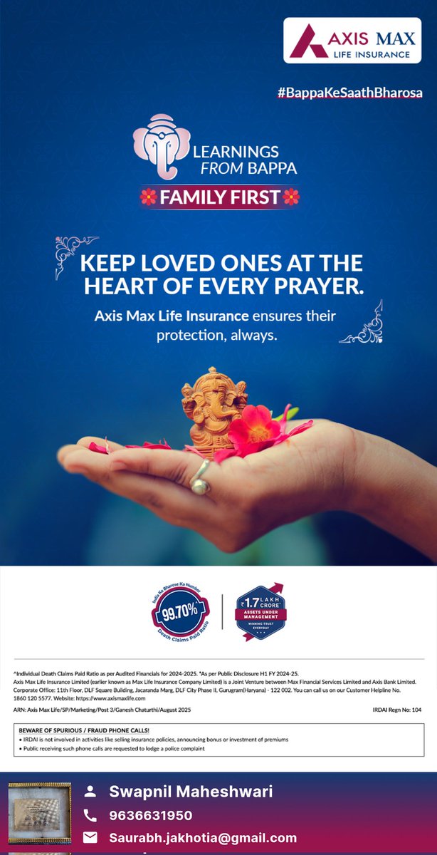 swap_maheshwari's tweet image. Keeping family at the heart of every prayer, Axis Max Life Insurance ensures their protection always. #BappaKeSaathBharosa #BharoseKaAdvisor #GaneshChaturthi
 web-link.co/dh6v8