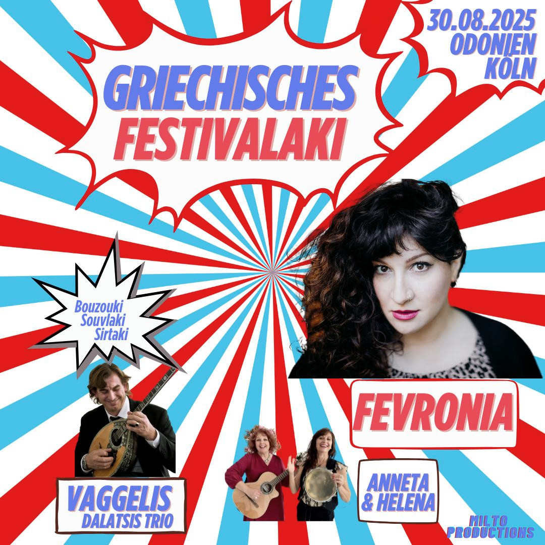 Griechisches 𝗙𝗘𝗦𝗧𝗜𝗩𝗔𝗟𝗔𝗞𝗜, mit Live-Musik von Fevronia, Vaggelis Dalatsis Trio, Anneta &amp; Helena.
📍 Odonien Köln
🕗 30.08 | 17:00 Uhr
💶 Eintritt: 18€ VVK, 25€ AK
#griechenland #festival #live #musik #in #köln #entdecken #ελλάδα #ελληνικό #φεστιβάλ #στην #κολωνία