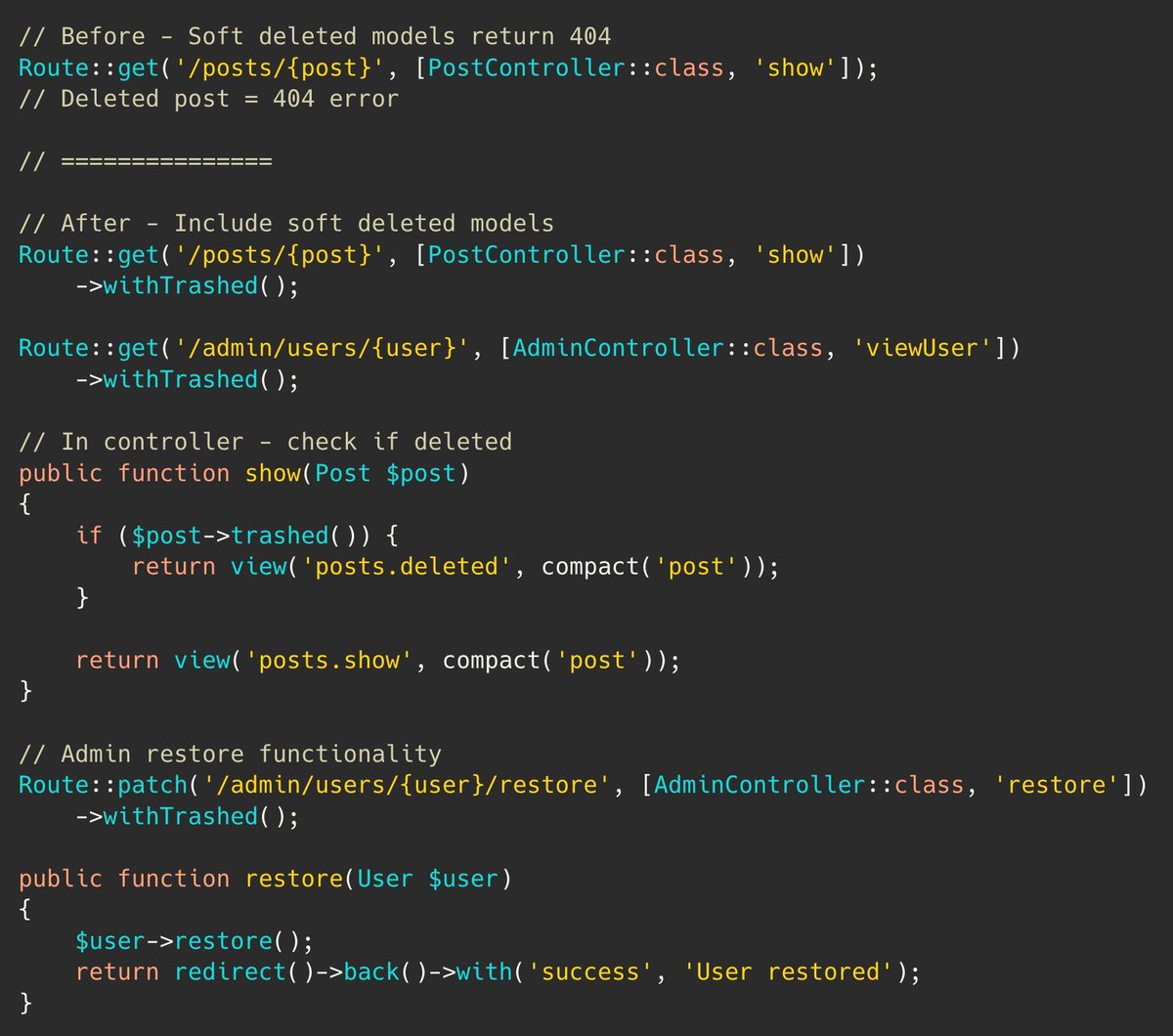 PovilasKorop's tweet image. Laravel tip.
Want to include soft-deleted models in route model binding?
Use `withTrashed()` to allow access to deleted records through routes.
Link to the docs: laravel.com/docs/12.x/rout…
#practicalLaravelDocs