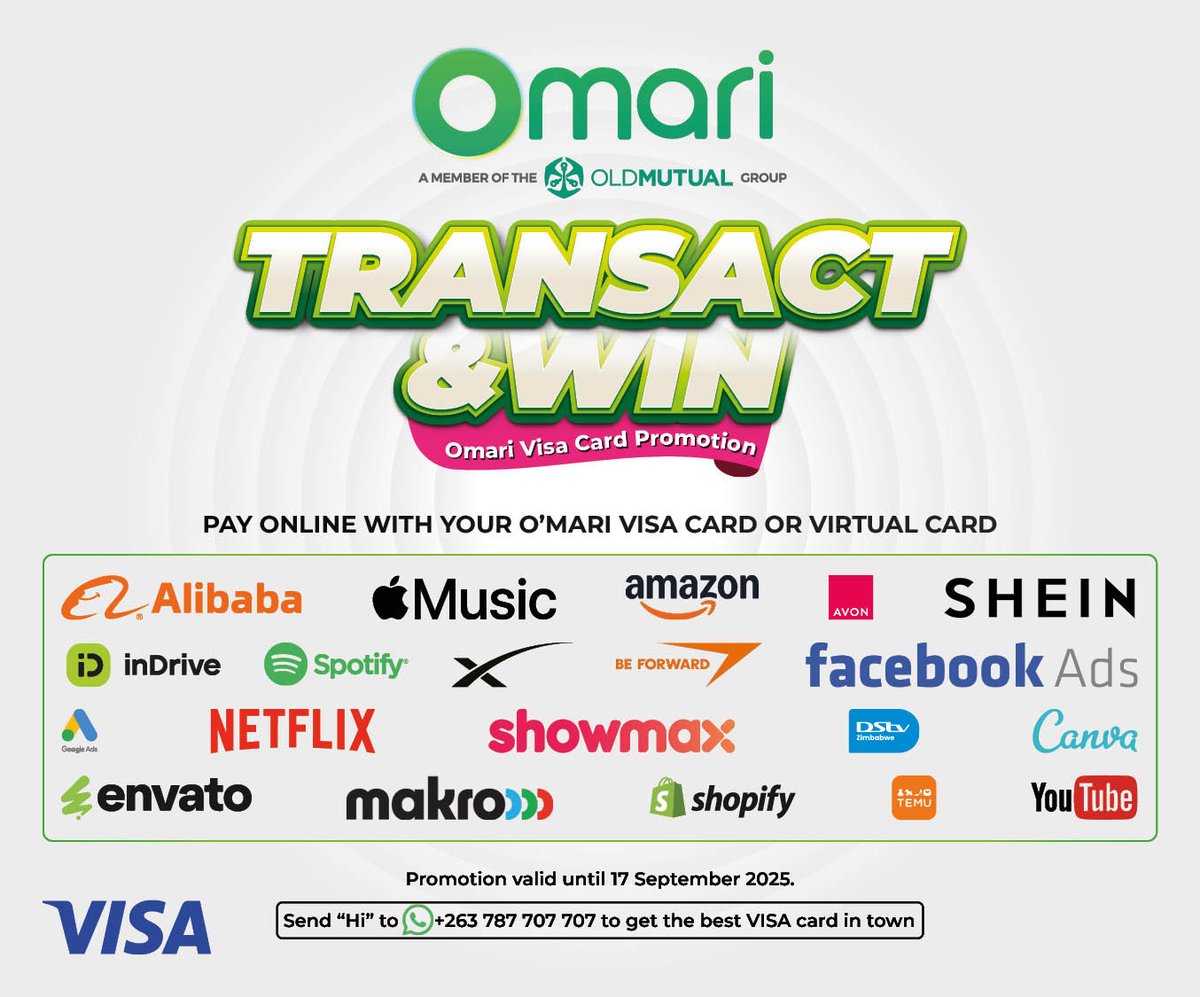 Shop. Stream. Subscribe. WIN! 

Pay online with your Omari Visa Card or Virtual Card on all your favourite platforms and stand a chance to WIN BIG! 

Send “Hi” to +263 787 707 707 on WhatsApp to get the best Visa Card in town, today!
 Ts &amp; Cs apply
#OmarixVisa #TransactAndWin