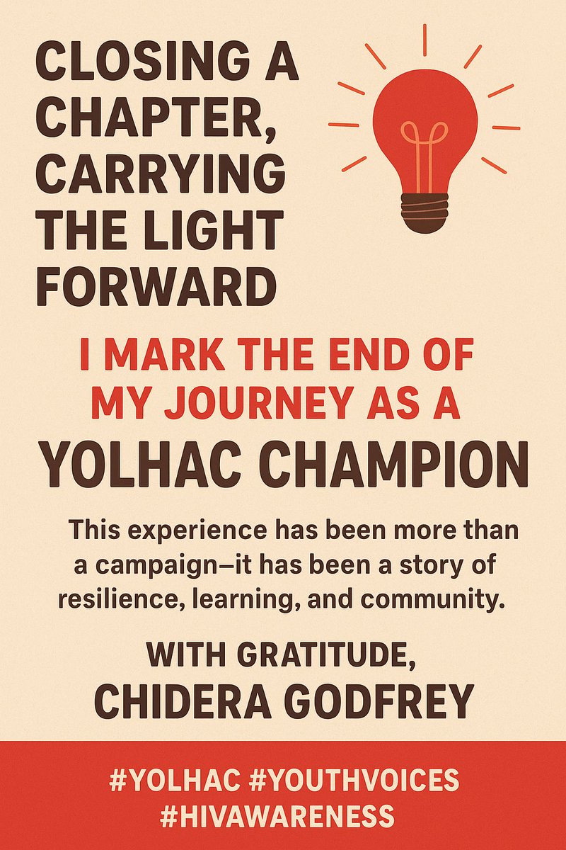 Closing a chapter, but carrying the light forward!
Today, I mark the end of my journey as a YOLHAC Champion. This campaign gave me a platform to amplify youth voices, challenge stigma, and drive HIV awareness.
The journey ends, but the mission continues. 

#YOLHAC
#EndHIVStigma