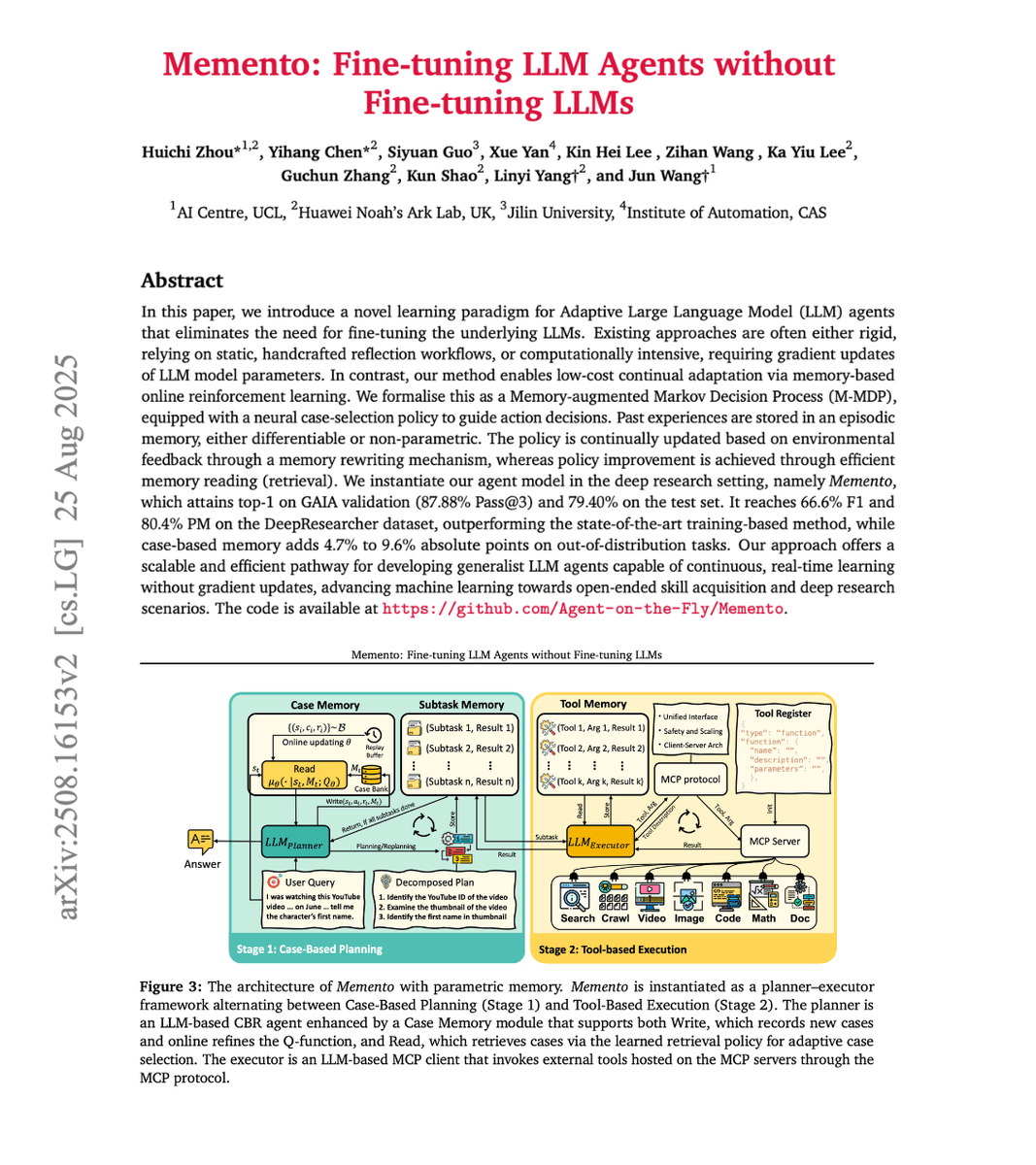 akshay_pachaar's tweet photo. Fine-tuning LLM Agents without Fine-tuning LLMs!

Imagine improving your AI agent's performance from experience without ever touching the model weights.

It's just like how humans remember past episodes and learn from them.

That's precisely what Memento does.

The core concept:

Instead of updating LLM weights, Memento learns from experiences using memory.

It reframes continual learning as memory-based online reinforcement learning over a memory-augmented MDP.

Think of it as giving your agent a notebook to remember what worked and what didn't!

How does it work?

The system breaks down into two key components:

1️⃣ Case-Based Reasoning (CBR) at work:

Decomposes complex tasks into sub-tasks and retrieves relevant past experiences.

No gradients needed, just smart memory retrieval!

2️⃣ Executor

Executes each subtask using MCP tools and records outcomes in memory for future reference.

Through MCP, the executor can accomplish most real-world tasks & has access to the following tools:

🔍 Web research
📄 Document handling
🐍 Safe Python execution
📊 Data analysis
🎥 Media processing

I found this to be a really good path toward building human-like agents.

👉 Over to you, what are your thoughts?

I have shared the relevant links in next tweet!
_____
Share this with your network if you found this insightful ♻️
Find me → @akshay_pachaar for more insights and tutorials on AI and Machine Learning!