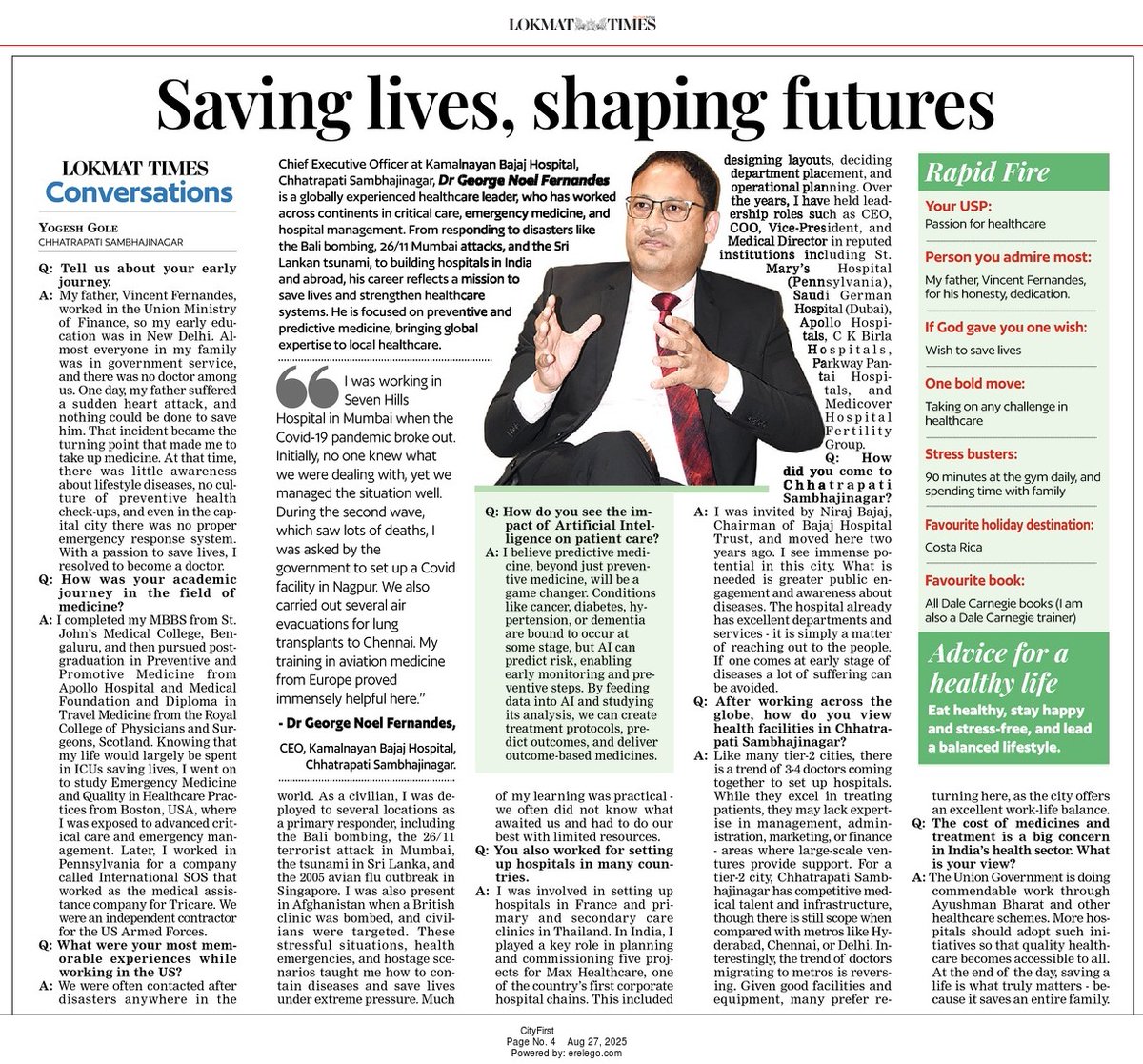 epaper.lokmat.com/articlepage.php...
It was great talking to Dr George Fernandes, CEO Kamalnayan Bajaj Hospital,  in Lokmat Times Conversations. Eventful journey.
#Medical #Doctor #GeorgeFernandes #ChhatrapatiSambhajinagar #CEO