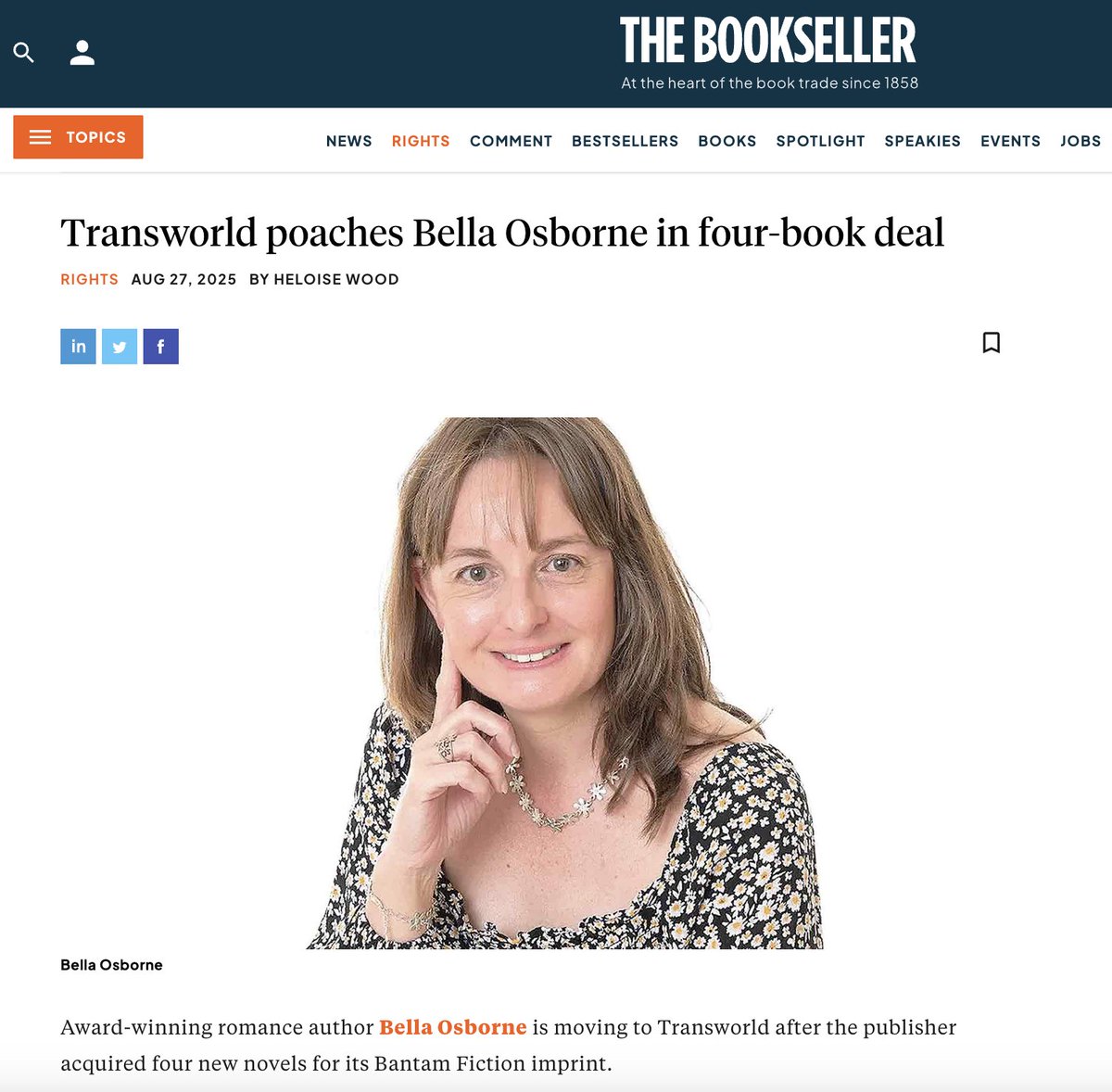 Deal news 🎉

Bella Osborne is welcomed at Transworld in a 4 book deal with (NOT QUITE) DONE WITH DATING publishing in January. Statistician Nora finds a formula that could help her conquer the dating game.

Acquiring editor: Francesca Best/Sally Williamson
Agent: Kate Nash