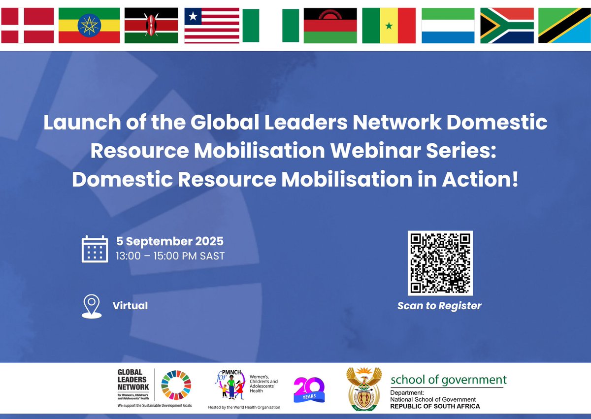 Join us for the launch of the Global Leaders Network’s DRM webinar series, bringing together global &amp; national leaders to elevate sustainable health financing.

🗓️ 5 Sept 2025
🕐 13:00–15:00 SAST
🌐 Zoom

🔗 thensg-gov-za.zoom.us/webinar/regist…

#GLN #WCAH #DRM