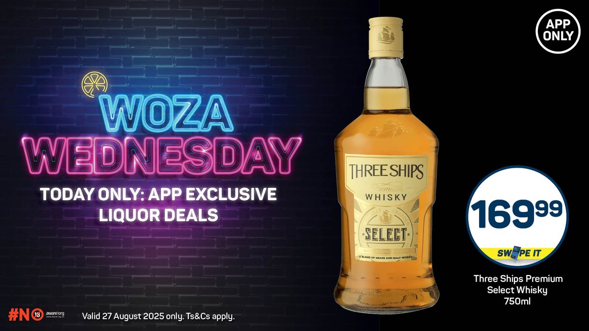 picknpayasap's tweet photo. Get Three Ships Premium Select Whisky 750ml for ONLY R169.99! π₯
Plus, more APP ONLY DEALS!
Just *tap tap* asap! π²
Valid 27 August 2025 only. Ts&Cs apply. π
#WozaWednesday #AppOnly https://t.co/hbi53KFY8N