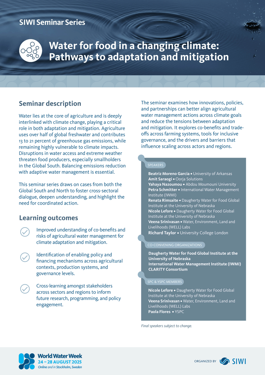 🌾 Did you know that agriculture uses over half of global freshwater?

Join us for the final session today at 14:00 CEST, on-site in Stockholm!
💧 Missed the other sessions? Watch them online for FREE.

Register now: worldwaterweek.org/tickets

#WWWeek #WorldWaterWeek