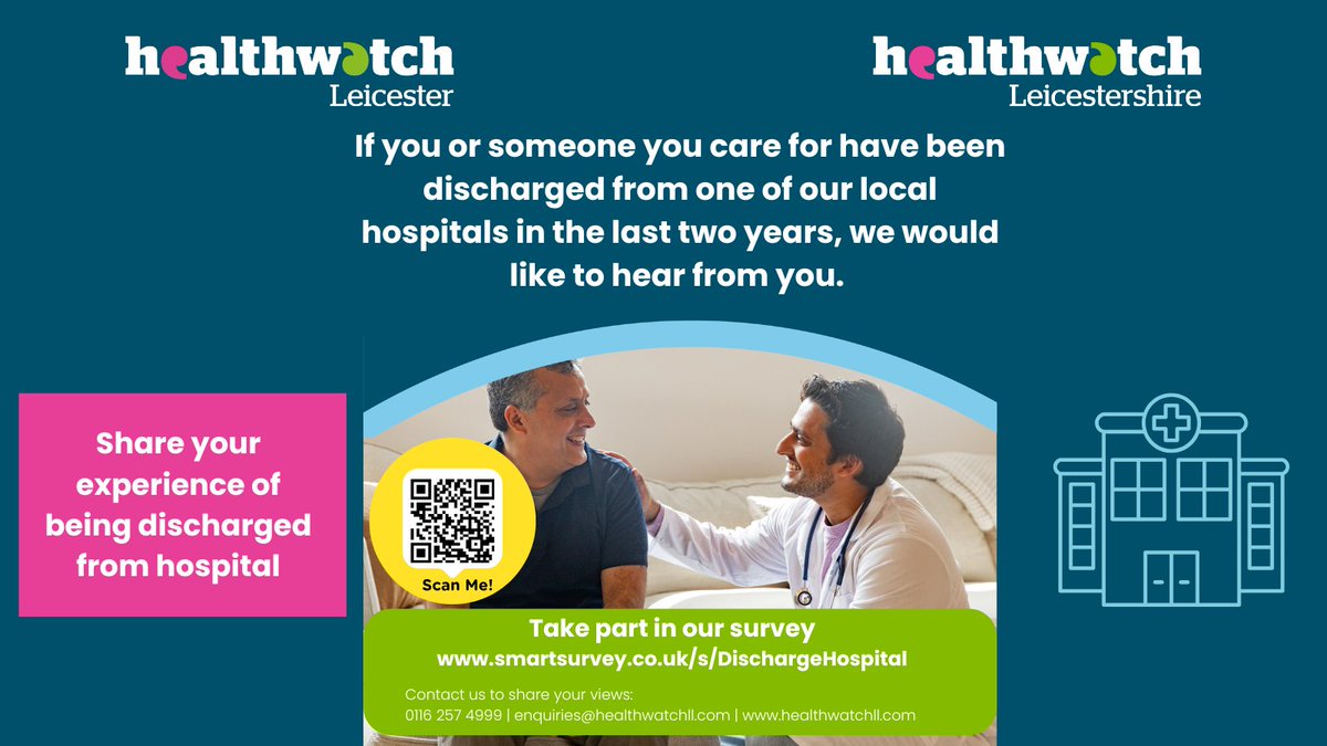 Healthwatch Leicester and Leicestershire (@healthwatchleic) on Twitter photo There's still an opportunity to fill in our hospital discharge survey. If you been discharged from a hospital in Leicester and Leicestershire in the last two years, we'd really like to hear from you.
Scan the QR code or follow the link smartsurvey.co.uk/s/dischargehos… to take part. There's still an opportunity to fill in our hospital discharge survey. If you been discharged from a hospital in Leicester and Leicestershire in the last two years, we'd really like to hear from you.
Scan the QR code or follow the link smartsurvey.co.uk/s/dischargehos… to take part.