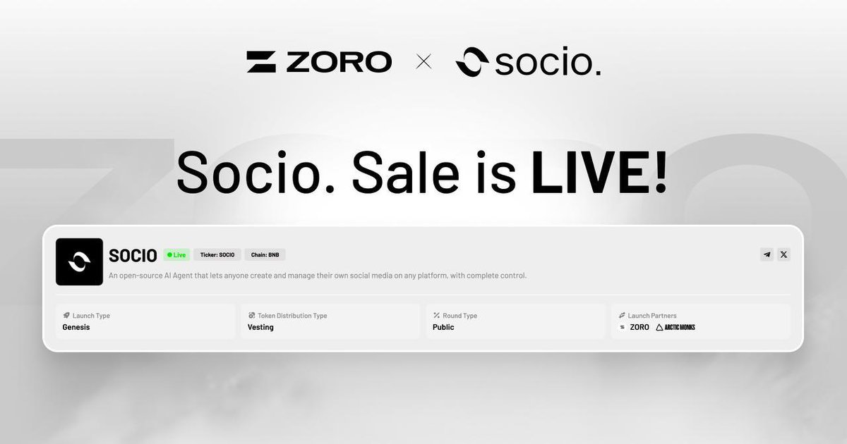 Socio. IDO on Zoro Launchpad is LIVE! 🔥
🔗 ai.zoro.org/launchpad/e3a2…

What you need to know:
• Project: <a href="/socioagent/">Socio.</a>, your personal Social AI Agent built on the Zoro-AI stack
• Token price: $0.009 → Listing: $0.01
• Raise: $50,000 in $ZORO (fixed at $0.10)
• Sale time: Aug 27,
