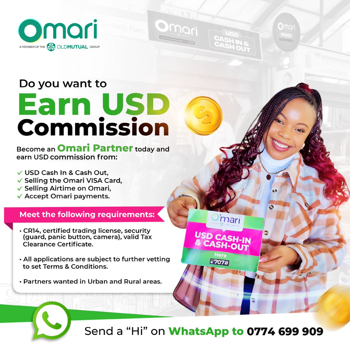 MAKE EXTRA USD INCOME 

Earn solid commission with Omari, grow your hustle with real value! Become an Omari Partner and unlock powerful income streams.

Available across Zimbabwe – Urban &amp; Rural 
Start today!
WhatsApp “Hi” to 0774 699 909 
#EarnWithOmari #OmariForBusiness