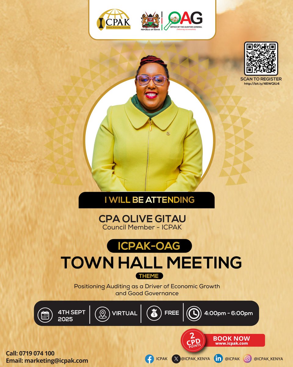 🛡️ Reliable audits mean stronger public trust.
Be part of shaping Kenya’s economic and governance future at the #ICPAKOAGTownhallMeeting.
📌 Reserve your slot: ow.ly/cL8350WLT18
#ICPAKOAGTownhall <a href="/olivegitau/">Olive Gitau</a> <a href="/OAG_Kenya/">Auditor-General Kenya</a> <a href="/HillaryOnami/">Hillary Onami</a> <a href="/MercyMaroma/">Mercy Maroma</a> ^CA