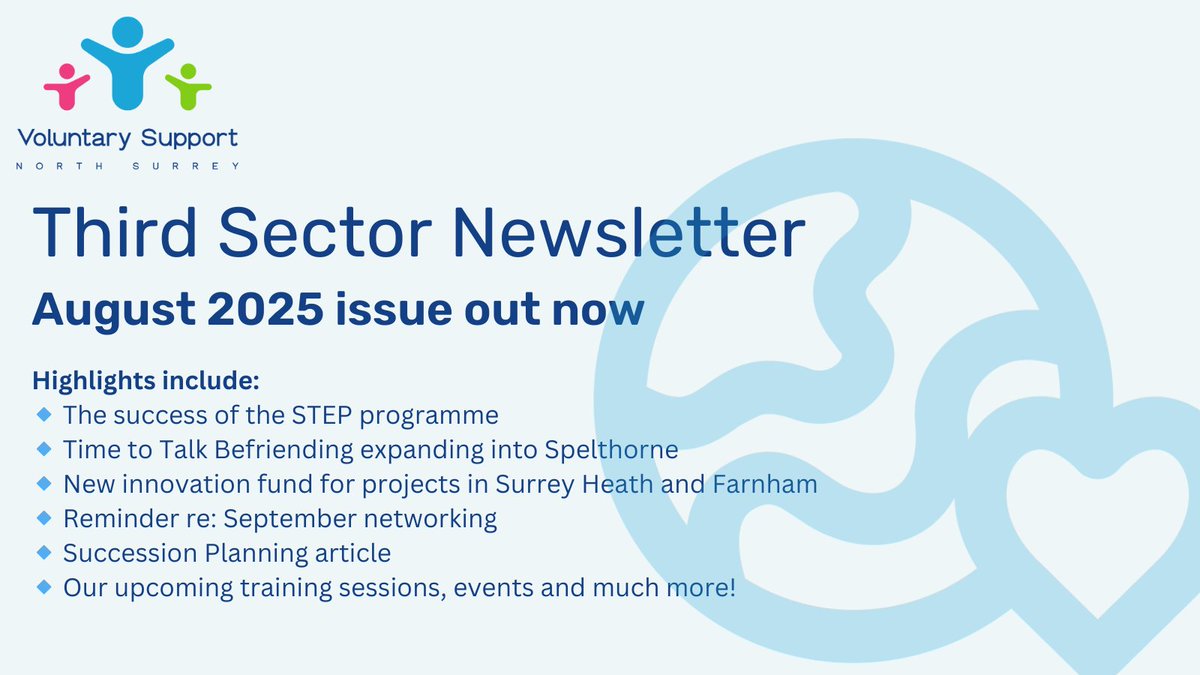 volsupportns's tweet photo. 🌟 Our August 2025 Third Sector Newsletter is out now! 🌟
This month we’re sharing updates on the STEP programme, the expansion of Time to Talk Befriending into Spelthorne, and more.
Click the link below to read the latest edition👇
https://t.co/V5DDOIQePU
#VSNS https://t.co/zSLMsAFw3s