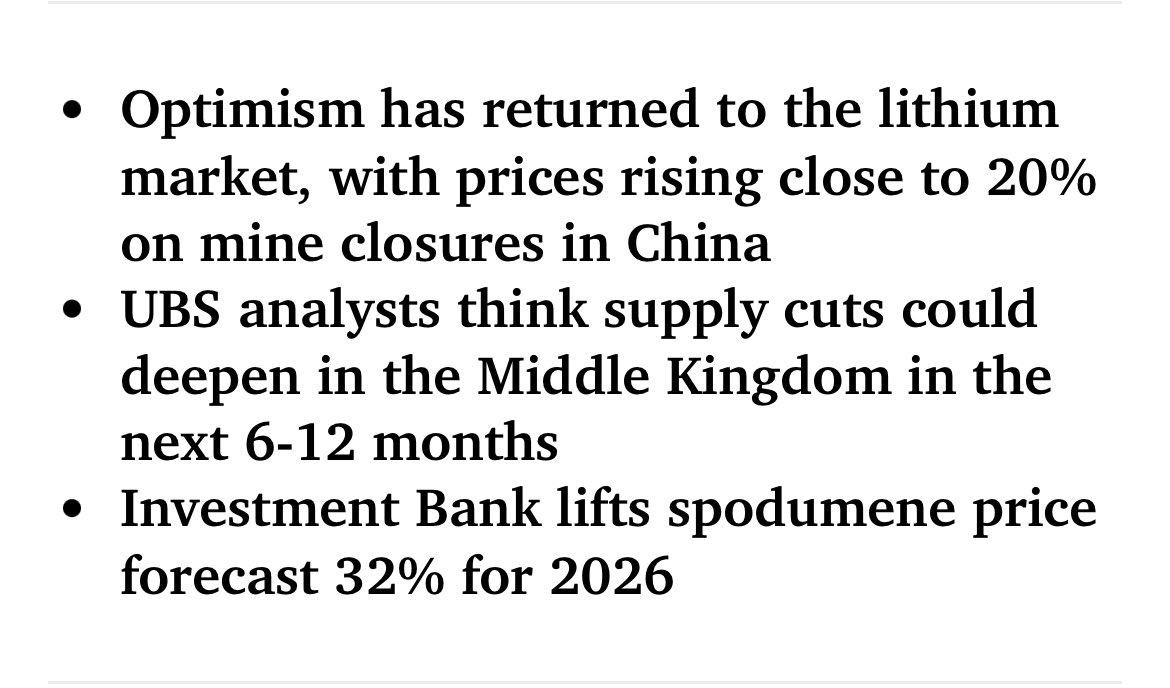Theo Soumyaraj (@tsoumyaraj) on Twitter photo ๐จ Lithium is waking up! ๐จ
โก๏ธ Prices up nearly 20% after mine closures in ๐จ๐ณ
๐ UBS just lifted 2026 #spodumene forecast by 32% ๐ฅ
๐ก They see deeper Chinese supply cuts in the next 6โ12 months
๐ Canaccord says โDemandโs in charge nowโ โ growth is stronger than expected & ๐จ Lithium is waking up! ๐จ
โก๏ธ Prices up nearly 20% after mine closures in ๐จ๐ณ
๐ UBS just lifted 2026 #spodumene forecast by 32% ๐ฅ
๐ก They see deeper Chinese supply cuts in the next 6โ12 months
๐ Canaccord says โDemandโs in charge nowโ โ growth is stronger than expected &