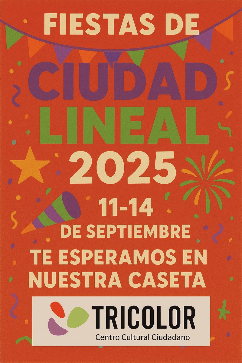Ya llegan las Fiestas de Ciudad Lineal 2025. Y Tricolor volvemos a contar con caseta!!

11-14 se Septiembre, en el Recinto Ferial de La Elipa

Además de la agenda de las fiestas, os esperamos con actos, charlas y alguna sorpresa que os contaremos en breve.

No faltes!!