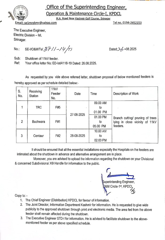 Power shutdown <a href="/kpdcloffice/">Kashmir Power Distribution Corporation Limited</a> <a href="/cekpdcl/">CHIEF ENGINEER, DISTRIBUTION, KPDCL(PDD)</a> <a href="/XEd1st/">ED1st KPDCL</a> <a href="/XEN_EDIV_KPDCL/">Electric Division-IV, Khanyar (KPDCL)</a> <a href="/std_ist/">Sub-Transmission Division, 1st (KPDCL) PDD,Bemina</a>