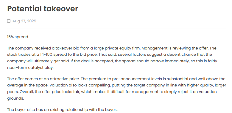 New idea on SSI: A merger with a 15% spread. 

A large PE firm has made a bid, and management is currently reviewing the offer. Several factors suggest the company will ultimately be sold.